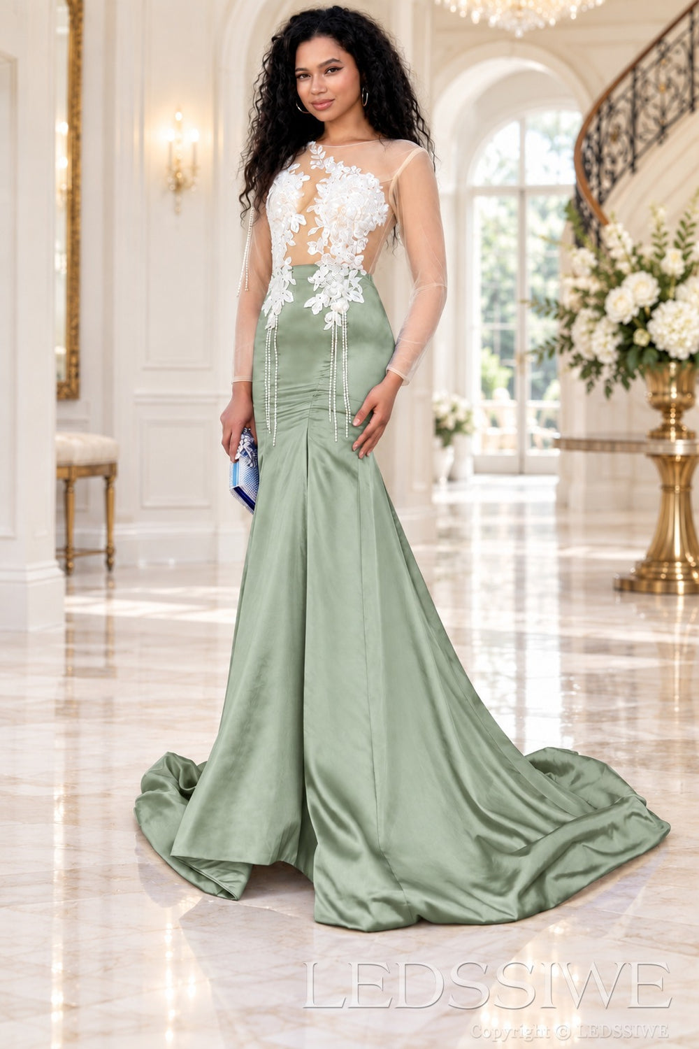 sage satin long sleeve illusion mermaid gown white lace applique pearl fringe chapel train