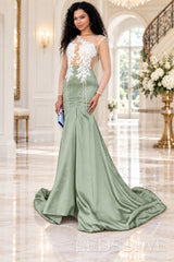 sage satin long sleeve illusion mermaid gown white lace applique pearl fringe chapel train