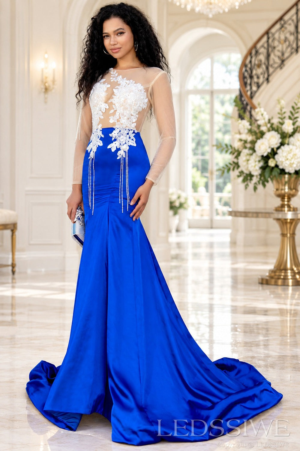 Royal blue satin long sleeve illusion mermaid prom gown white lace applique front
