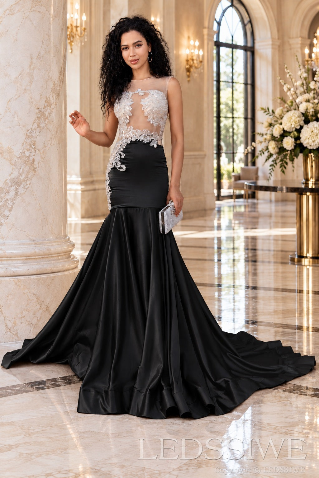 black satin illusion sweetheart mermaid gown lace appliques chapel train
