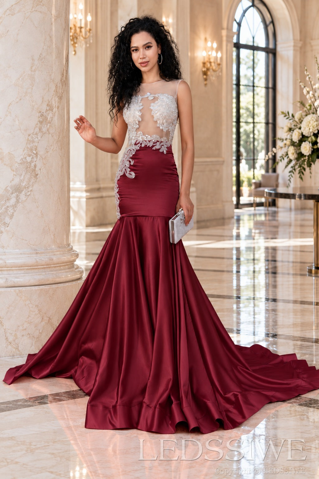 burgundy satin illusion sweetheart mermaid gown lace appliques chapel train