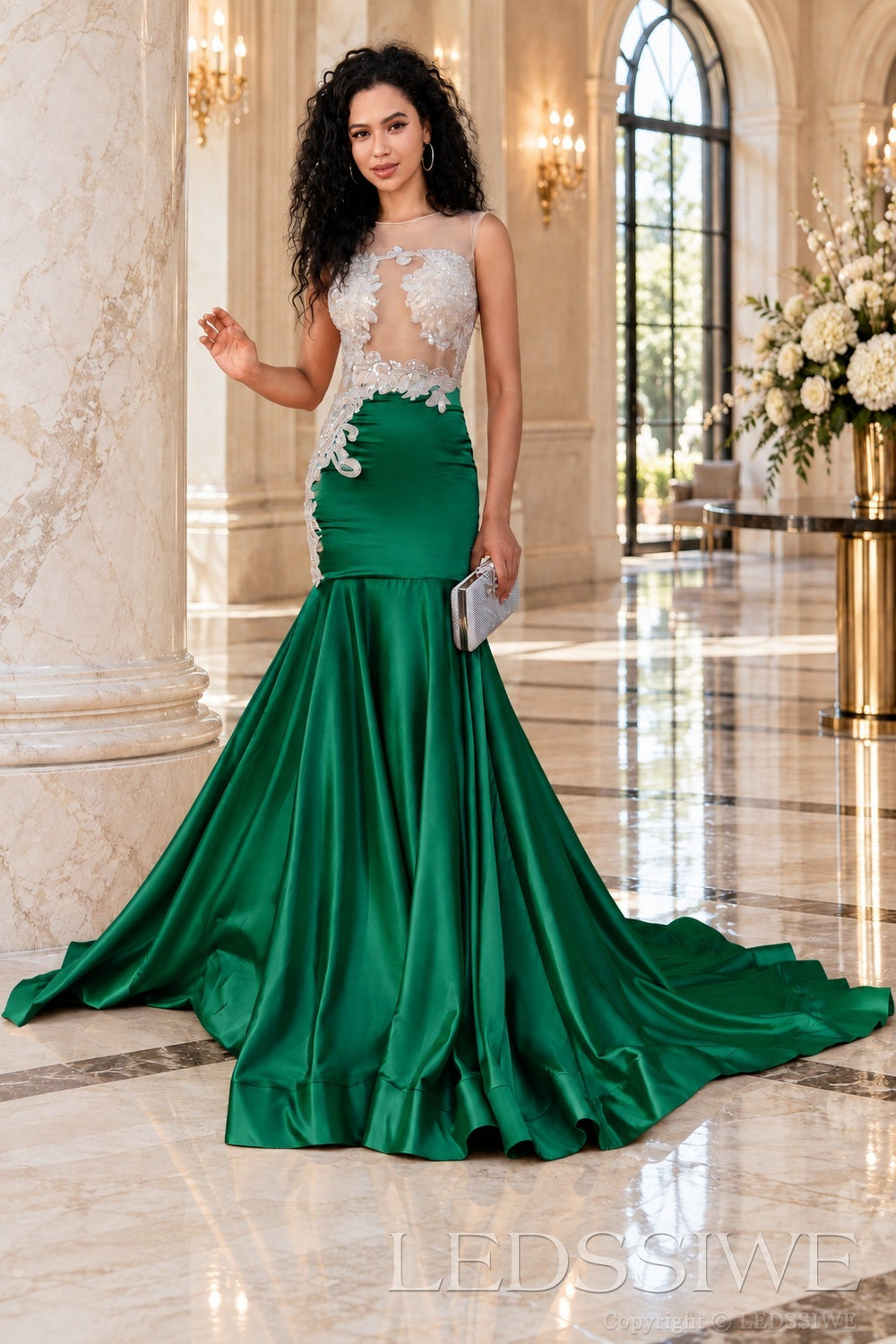 emerald satin illusion sweetheart mermaid gown lace appliques chapel train