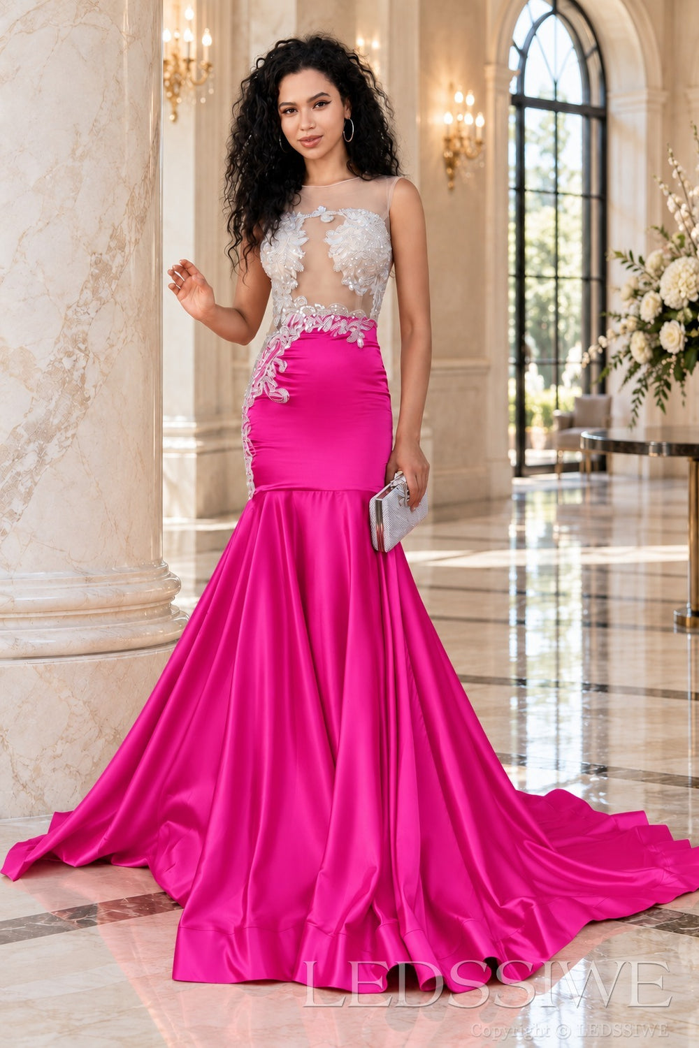 fuchsia satin illusion sweetheart mermaid gown lace appliques chapel train