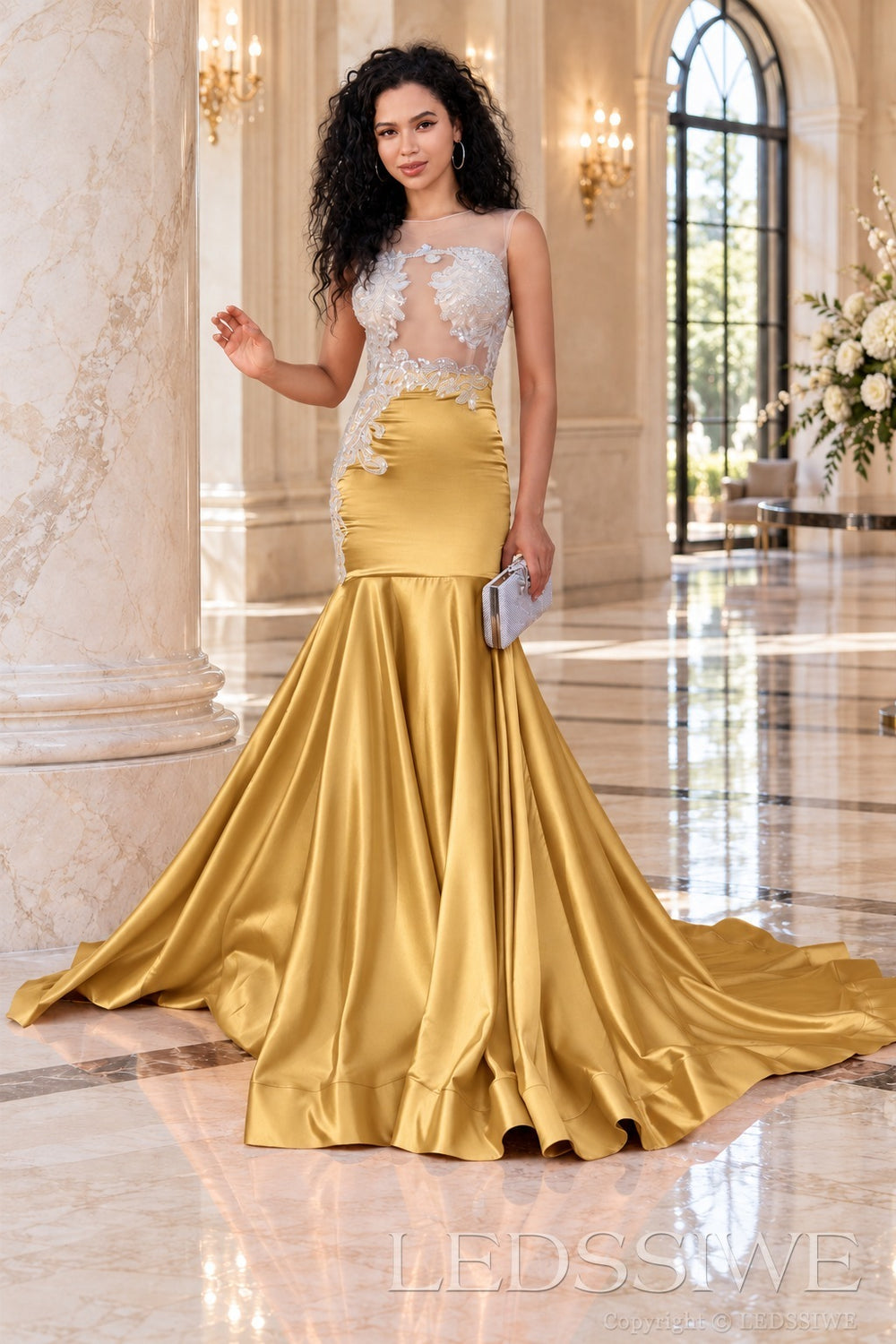 gold satin illusion sweetheart mermaid gown lace appliques chapel train