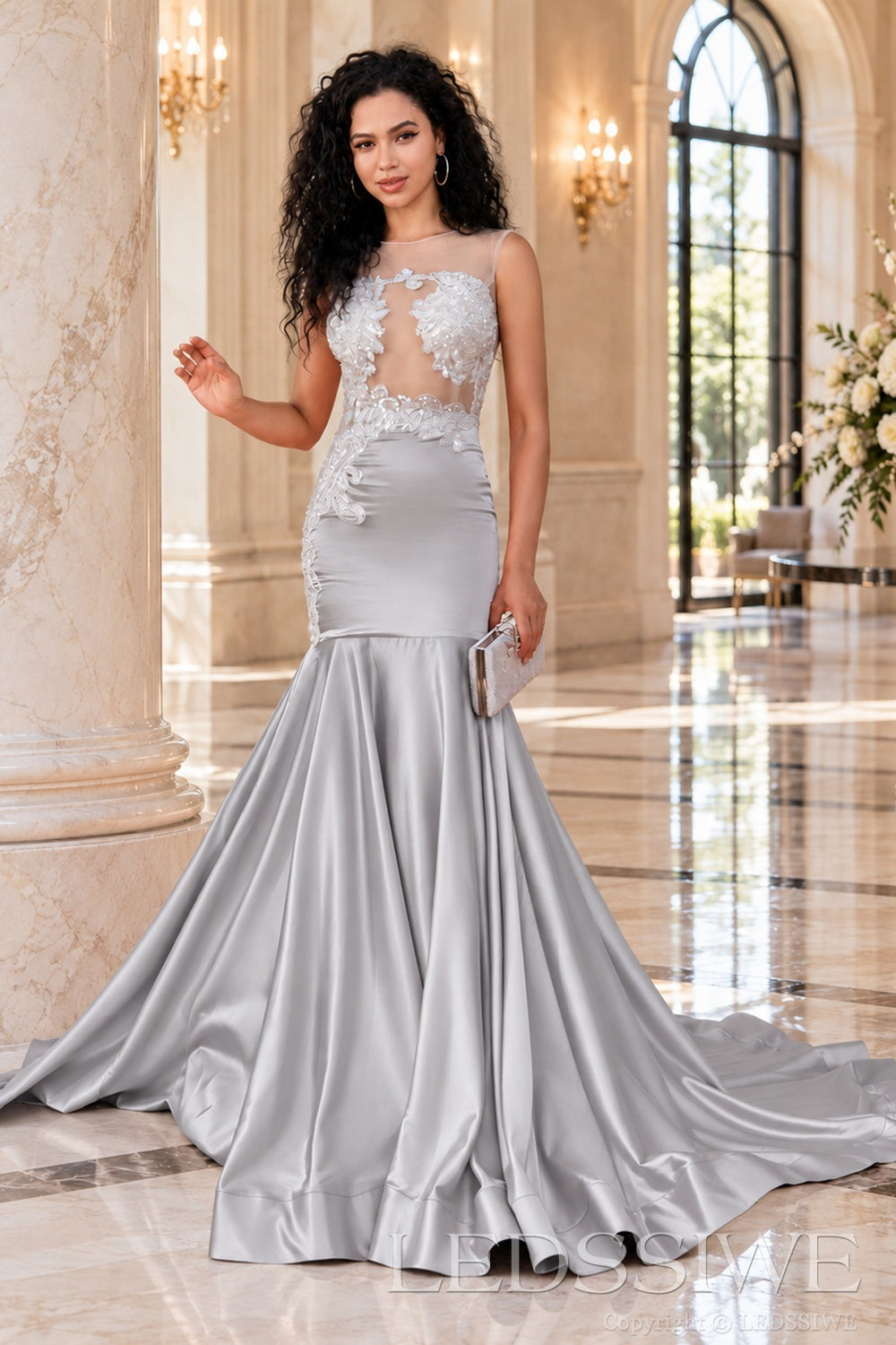 grey satin illusion sweetheart mermaid gown lace appliques chapel train