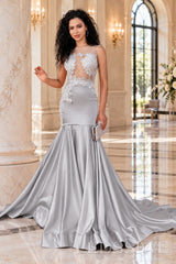 grey satin illusion sweetheart mermaid gown lace appliques chapel train