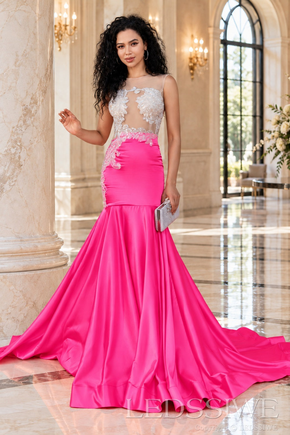 hot pink satin illusion sweetheart mermaid gown lace appliques chapel train