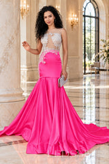 hot pink satin illusion sweetheart mermaid gown lace appliques chapel train