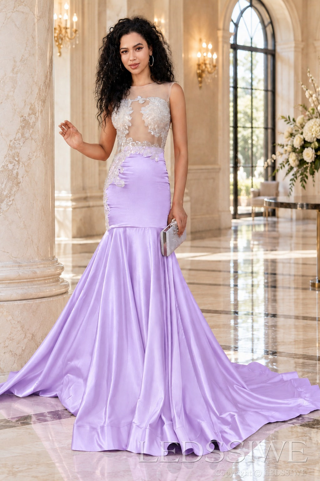 lavender satin illusion sweetheart mermaid gown lace appliques chapel train