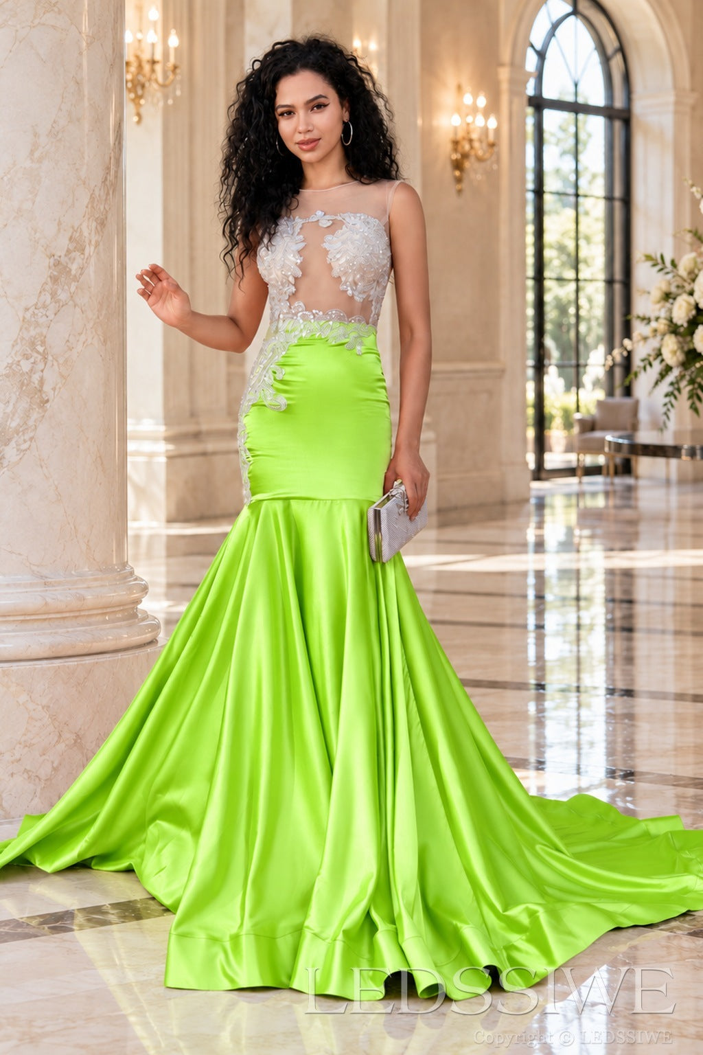 lime green satin illusion sweetheart mermaid gown lace appliques chapel train