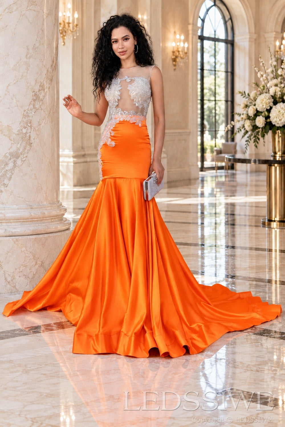 orange satin illusion sweetheart mermaid gown lace appliques chapel train
