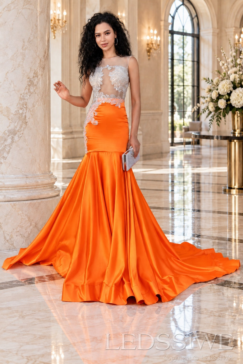 orange satin illusion sweetheart mermaid gown lace appliques chapel train
