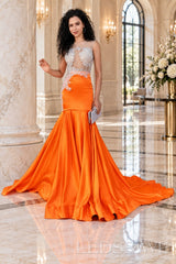 orange satin illusion sweetheart mermaid gown lace appliques chapel train