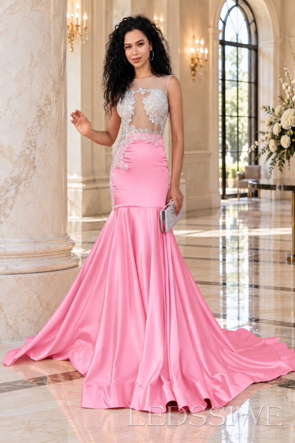 pink satin illusion sweetheart mermaid gown lace appliques chapel train