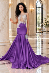 purple satin illusion sweetheart mermaid gown lace appliques chapel train