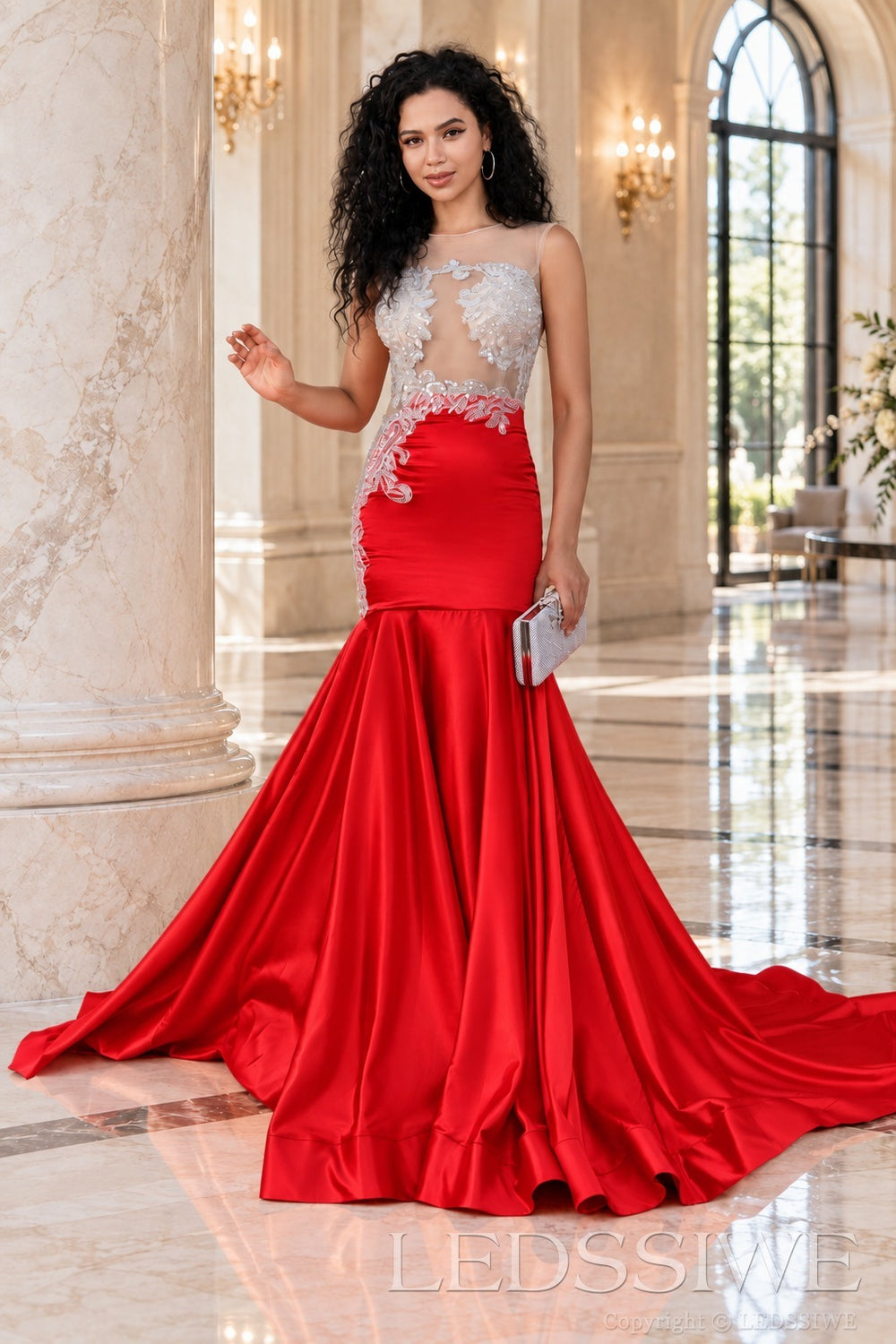 red satin illusion sweetheart mermaid gown lace appliques chapel train