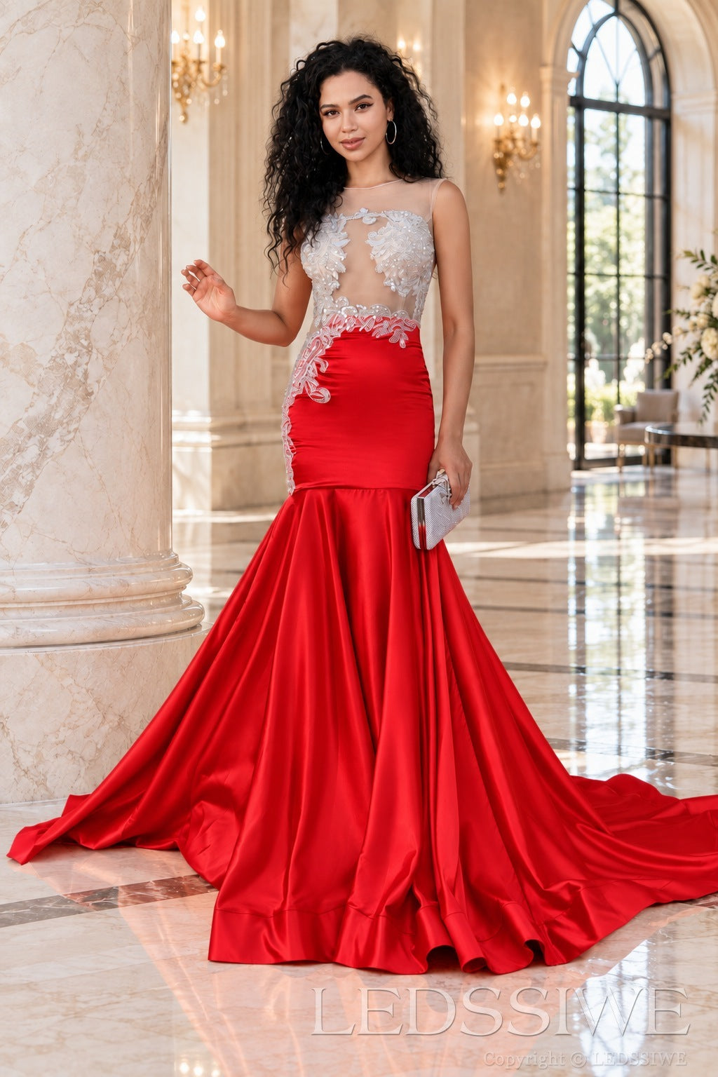 red satin illusion sweetheart mermaid gown lace appliques chapel train