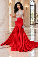 red satin illusion sweetheart mermaid gown lace appliques chapel train