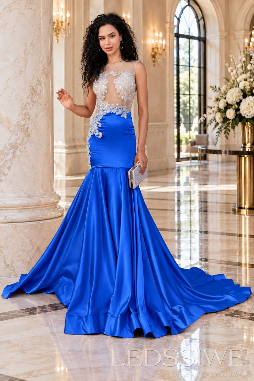 royal blue satin illusion sweetheart mermaid gown lace appliques chapel train