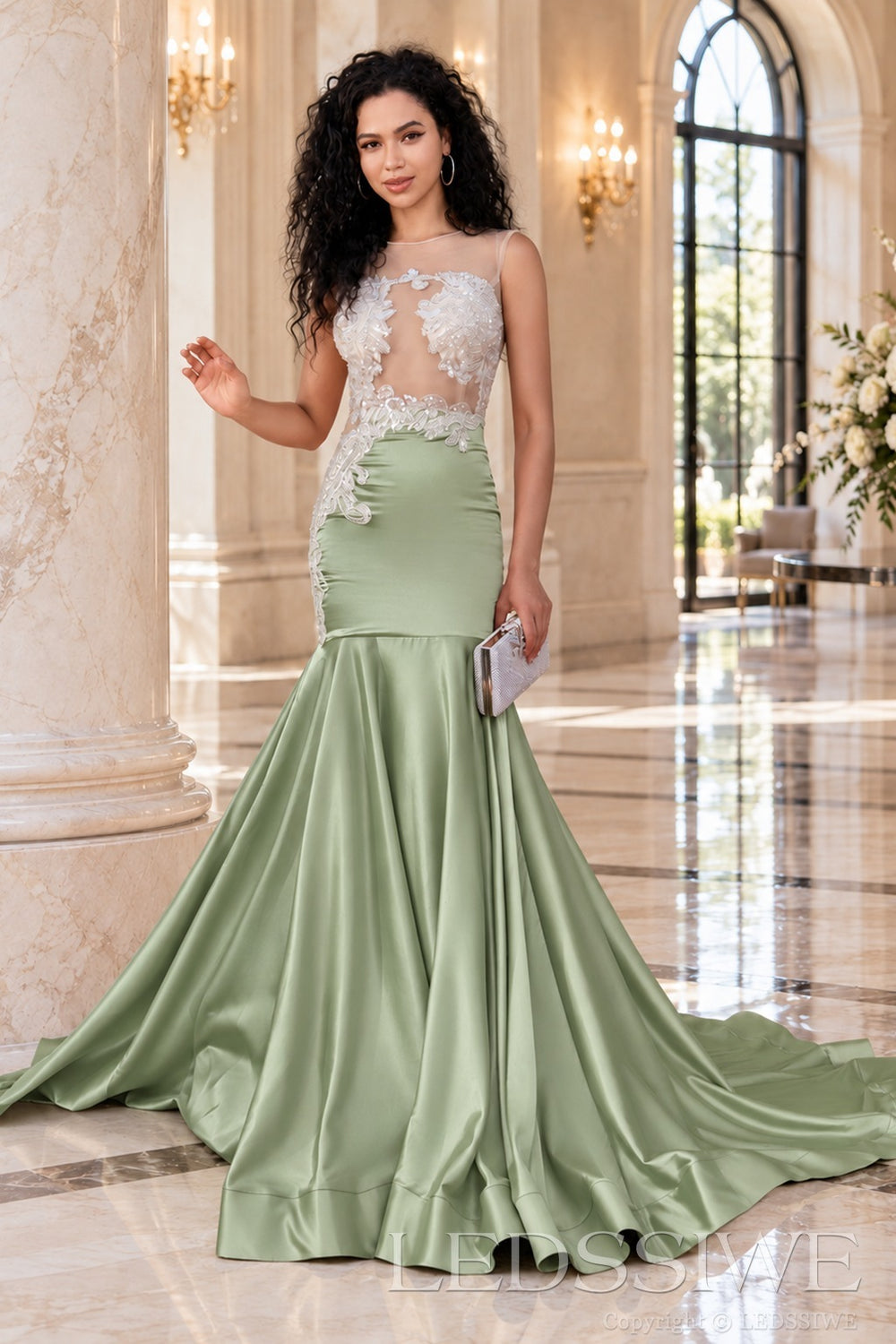 sage satin illusion sweetheart mermaid gown lace appliques chapel train