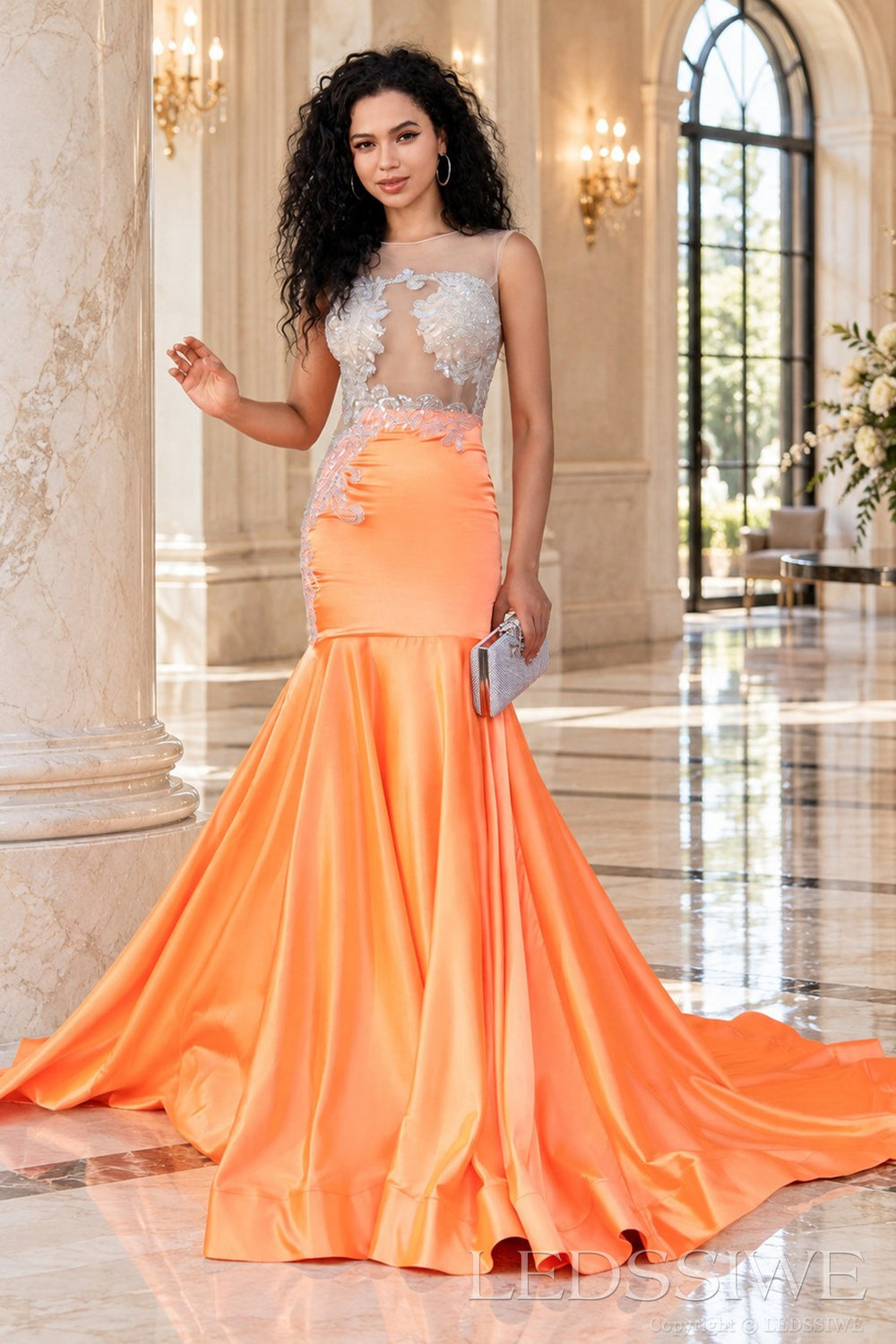 Orange satin illusion sweetheart mermaid prom gown lace appliques front