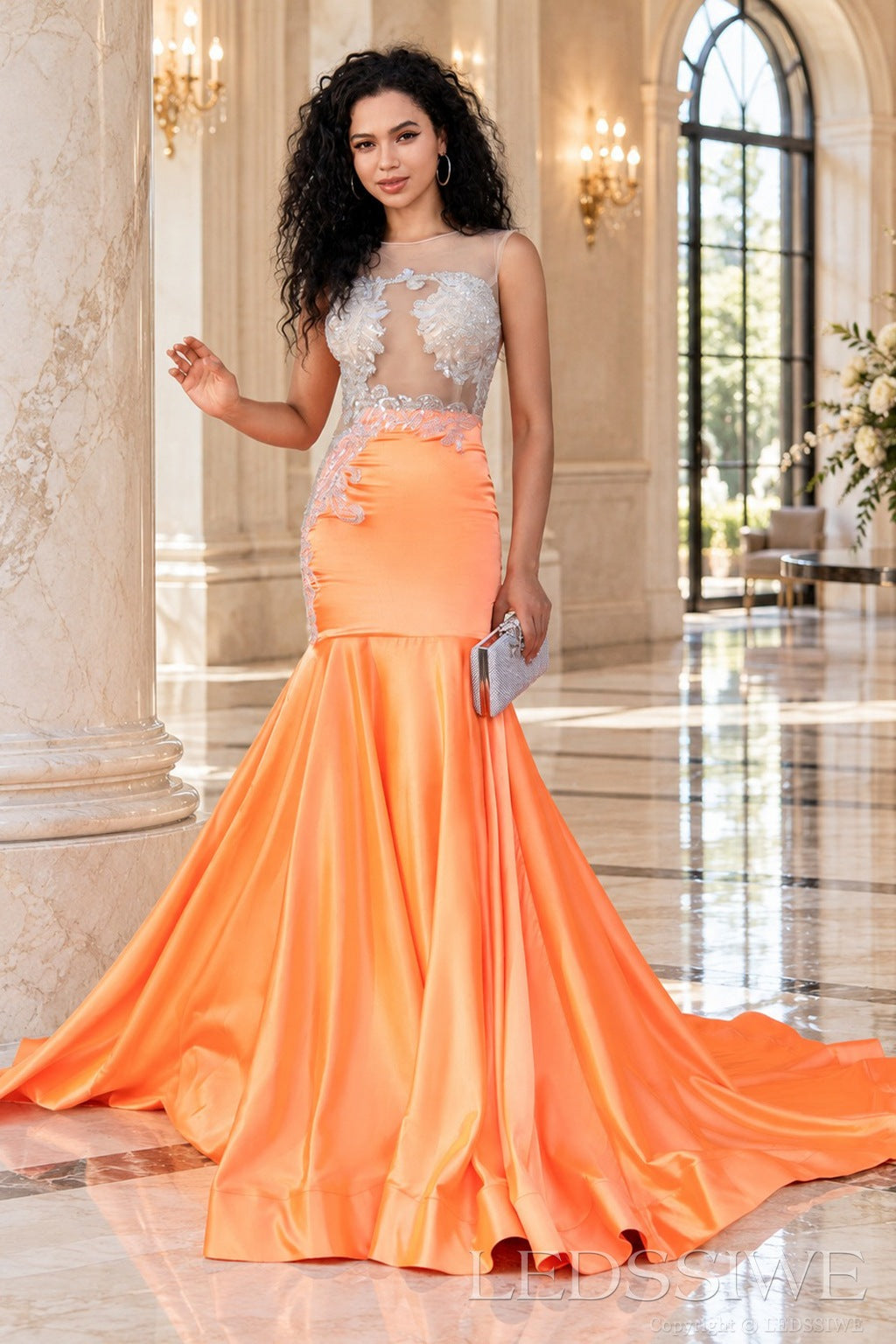 Orange satin illusion sweetheart mermaid prom gown lace appliques front