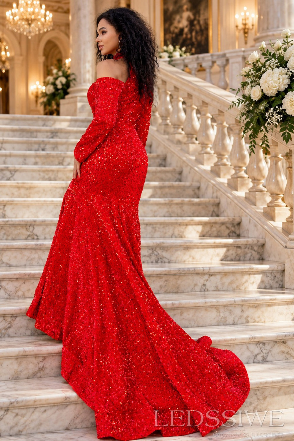 Red sequin mermaid evening gown chapel train back side