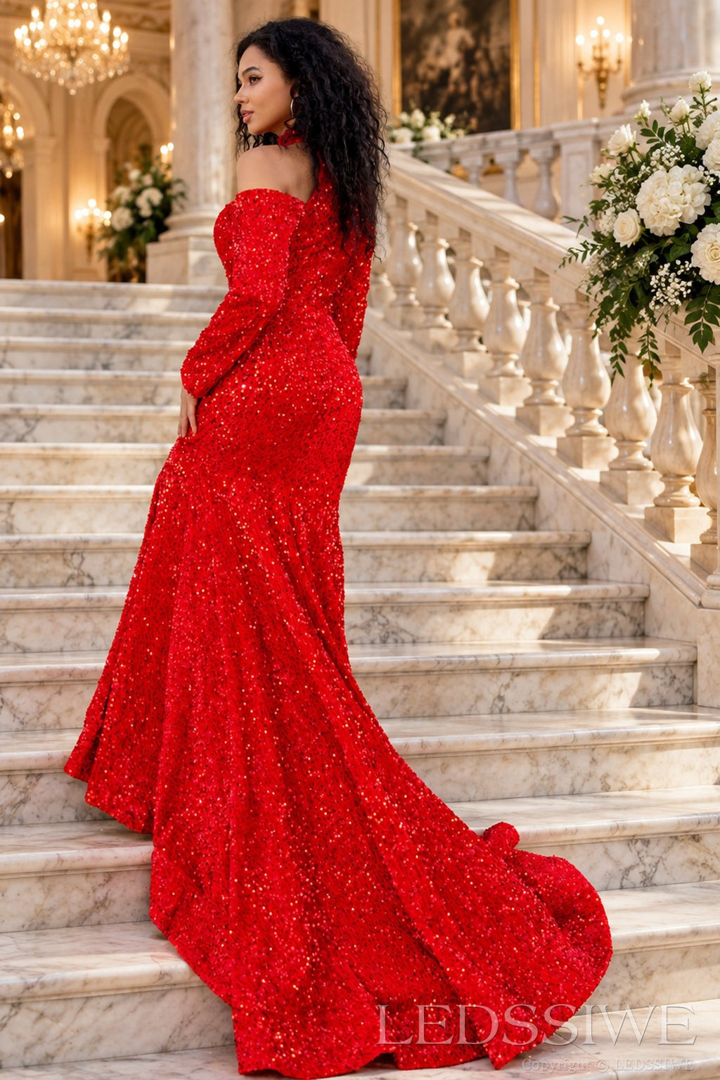 Red sequin mermaid evening gown chapel train back side