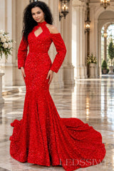 Red sequin high neck keyhole gown cold shoulder long sleeve side