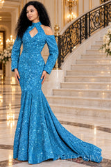 blue all-over sequin mermaid gown high keyhole neck chapel train