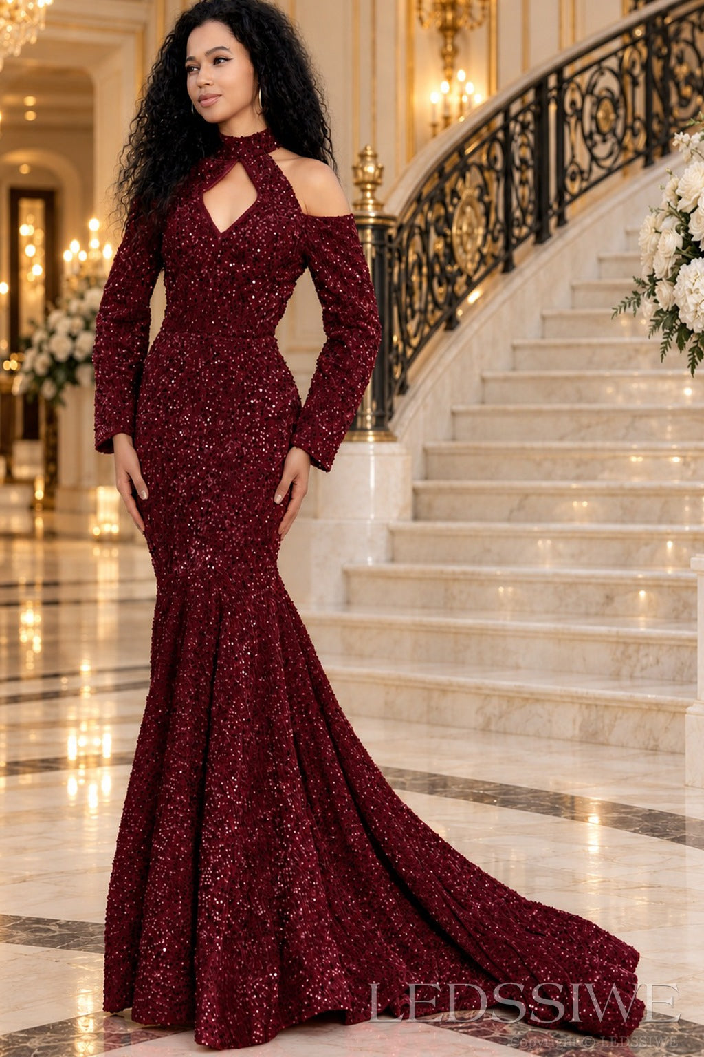 burgundy all-over sequin mermaid gown high keyhole neck chapel train