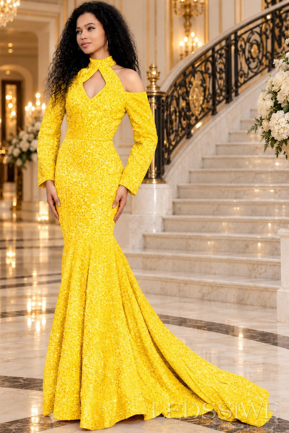 daffodil all-over sequin mermaid gown high keyhole neck chapel train