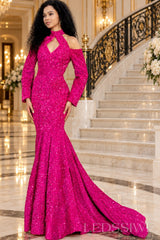 fuchsia all-over sequin mermaid gown high keyhole neck chapel train