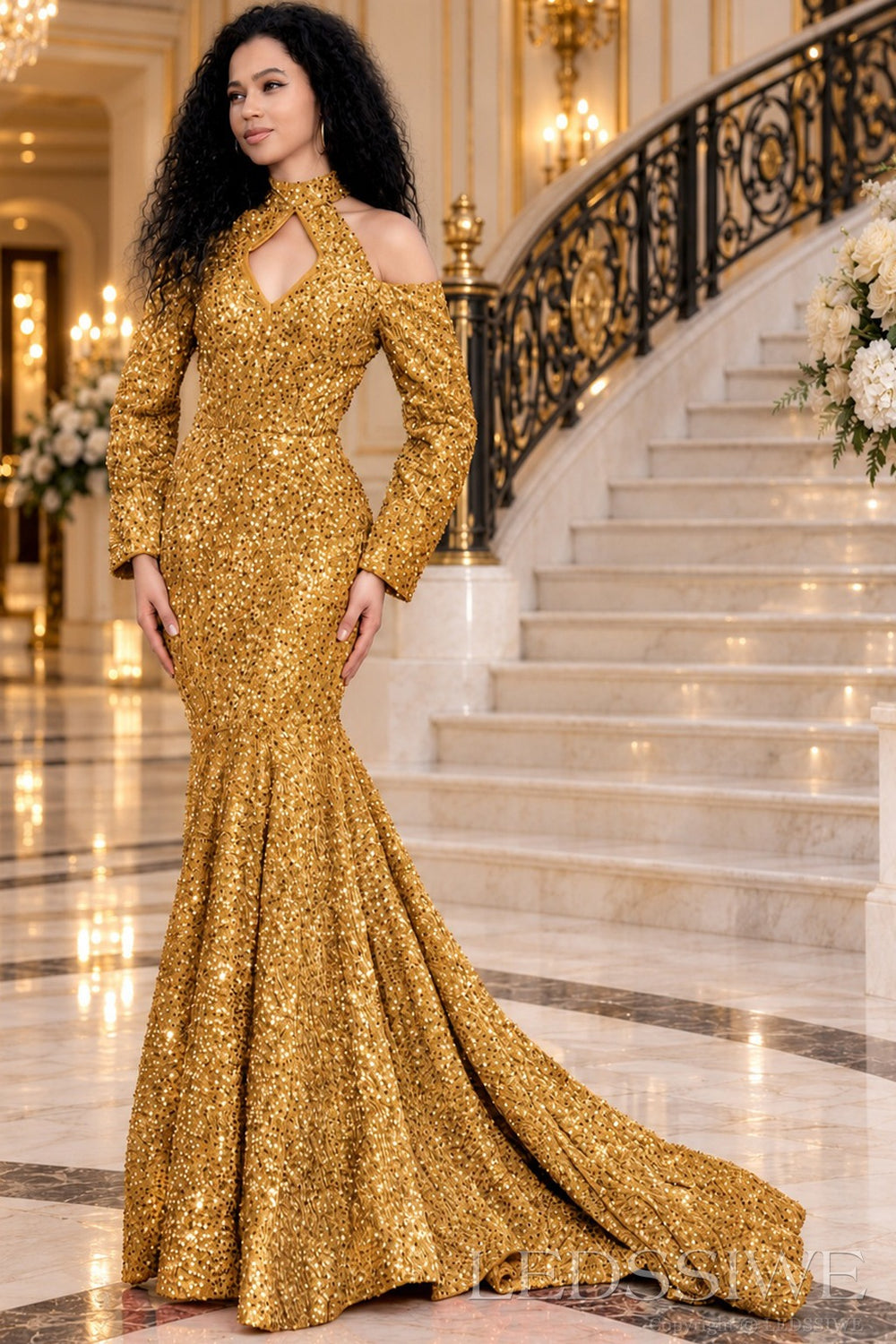 gold all-over sequin mermaid gown high keyhole neck chapel train