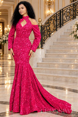 hot pink all-over sequin mermaid gown high keyhole neck chapel train