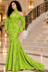 lime green all-over sequin mermaid gown high keyhole neck chapel train