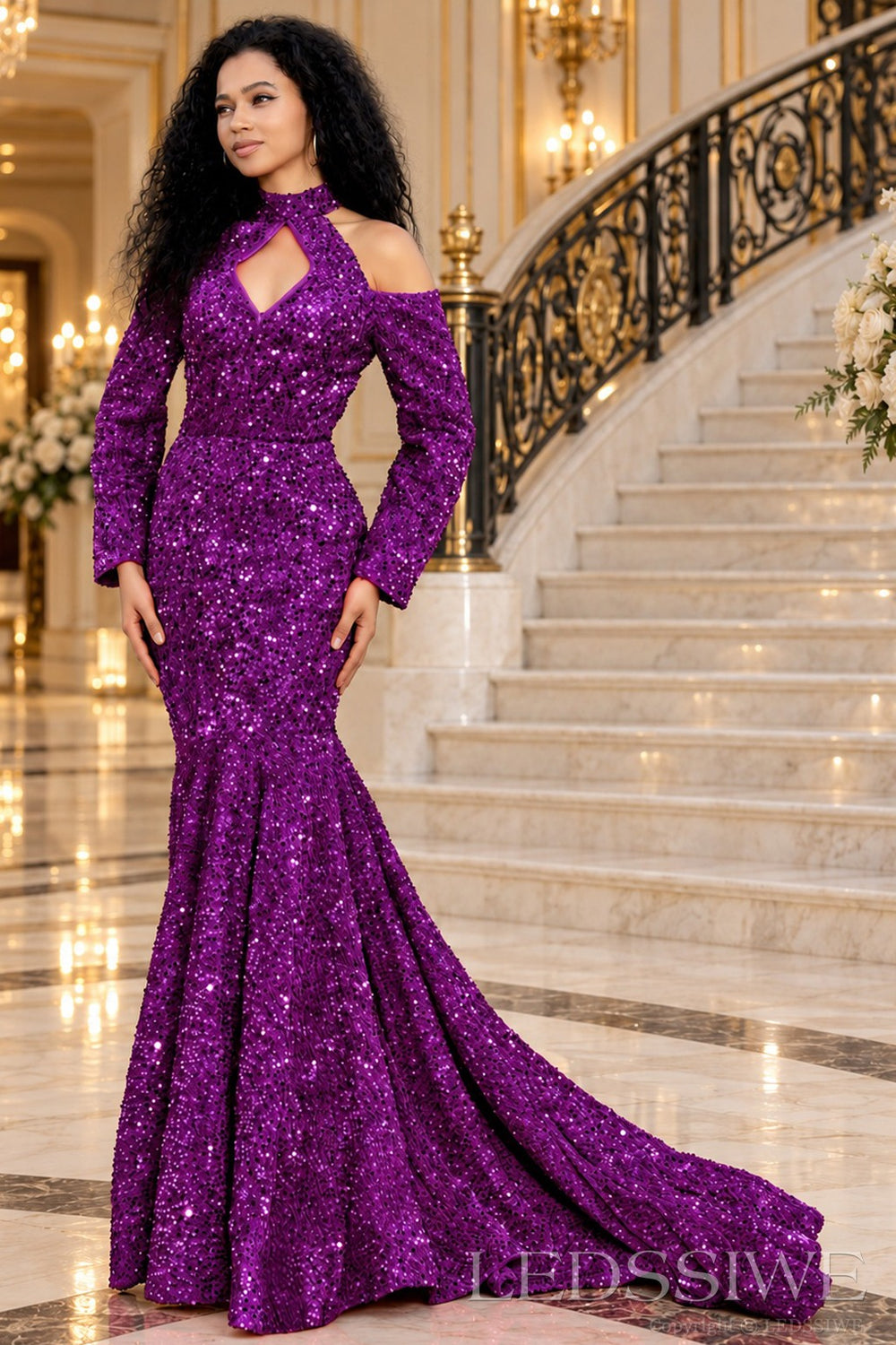 purple all-over sequin mermaid gown high keyhole neck chapel train