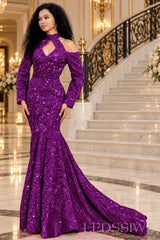 purple all-over sequin mermaid gown high keyhole neck chapel train