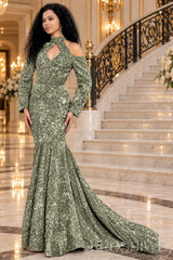 sage all-over sequin mermaid gown high keyhole neck chapel train