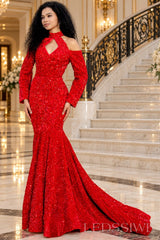 Red all-over sequin mermaid prom gown high keyhole neck front